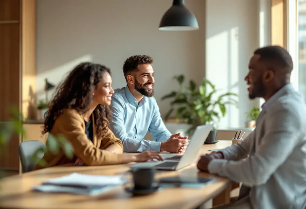 A diverse team collaborating calmly in a bright, refined modern office