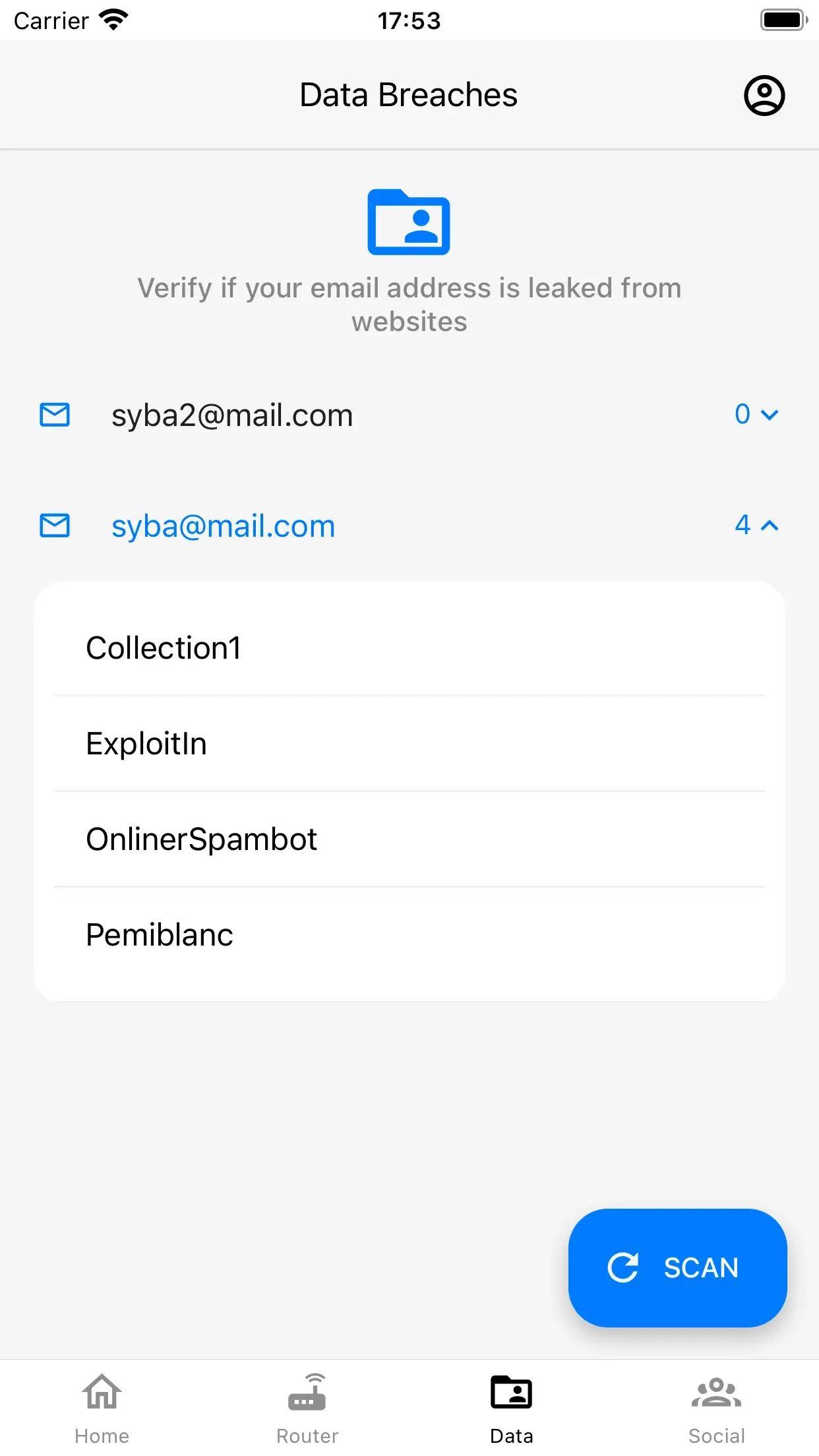 L'app Syba pour iPhone recherche deux adresses e-mail dans les fuites de données connues et liste les fuites trouvées pour l'une d'elles.