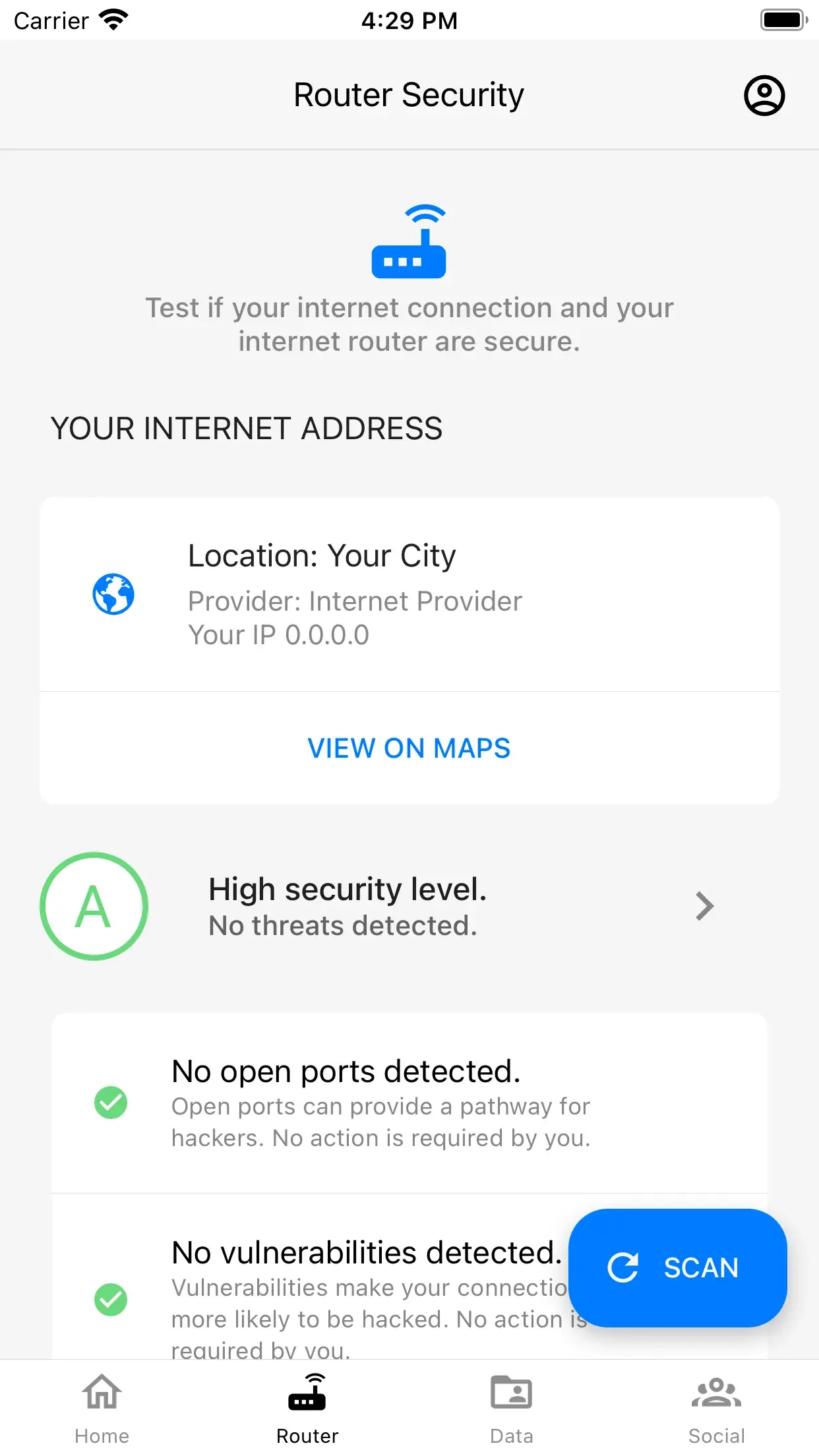 L'app Syba pour iPhone teste une connexion internet : niveau de sécurité élevé, aucun port ouvert et aucune vulnérabilité détectée.