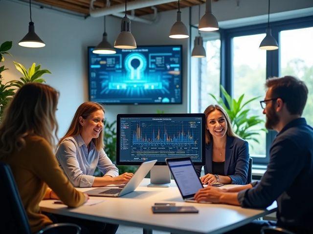 Concierge team members smiling around a desk with live security dashboards on the screens behind them