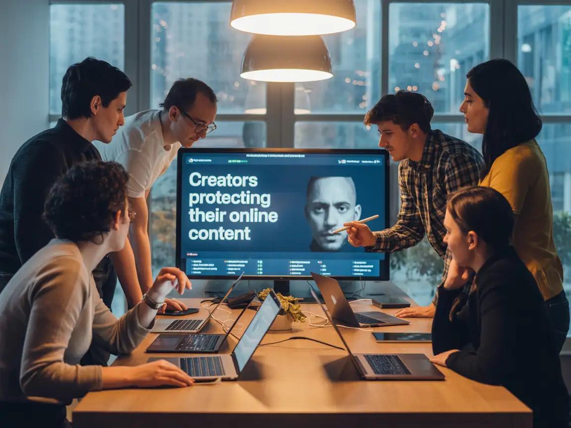 Content team gathered around a large display reviewing an article about protecting online content