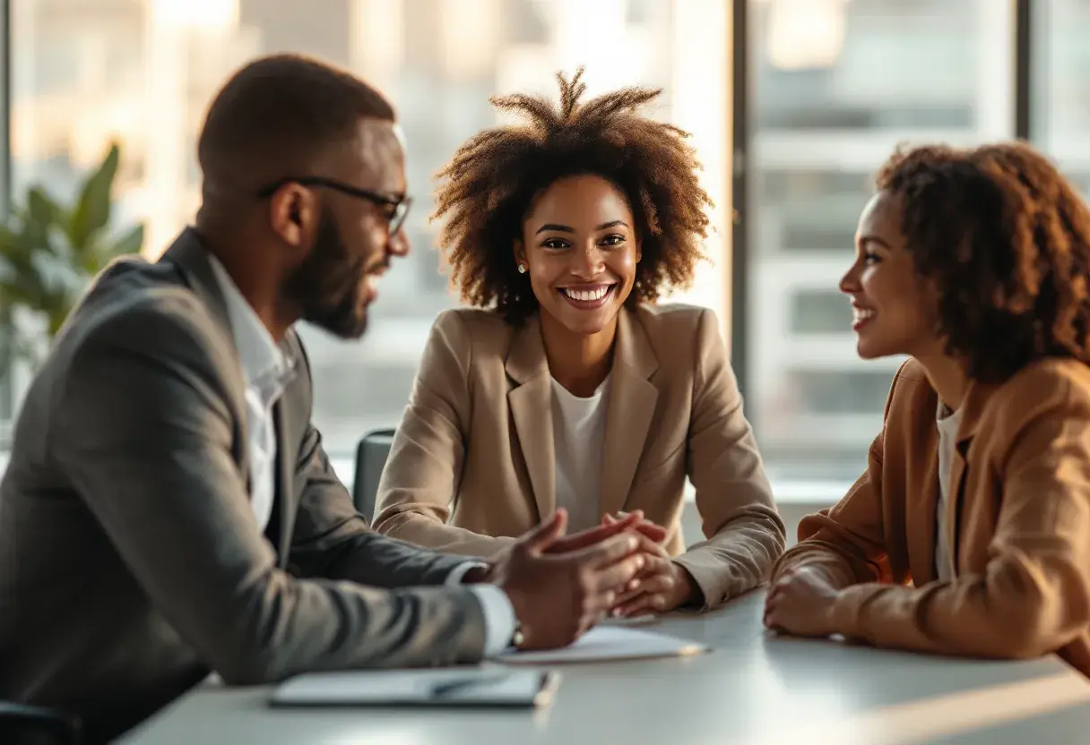 A diverse corporate leadership team in conversation around a table in a bright modern boardroom