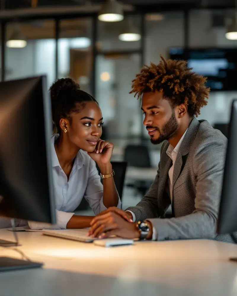 Two IT security professionals collaborate calmly at a workstation in a warm modern office