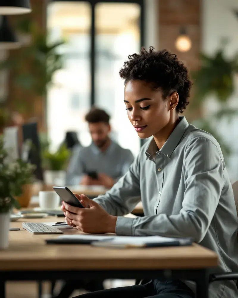 An employee checks a phone at a tidy desk in a warm open-plan office