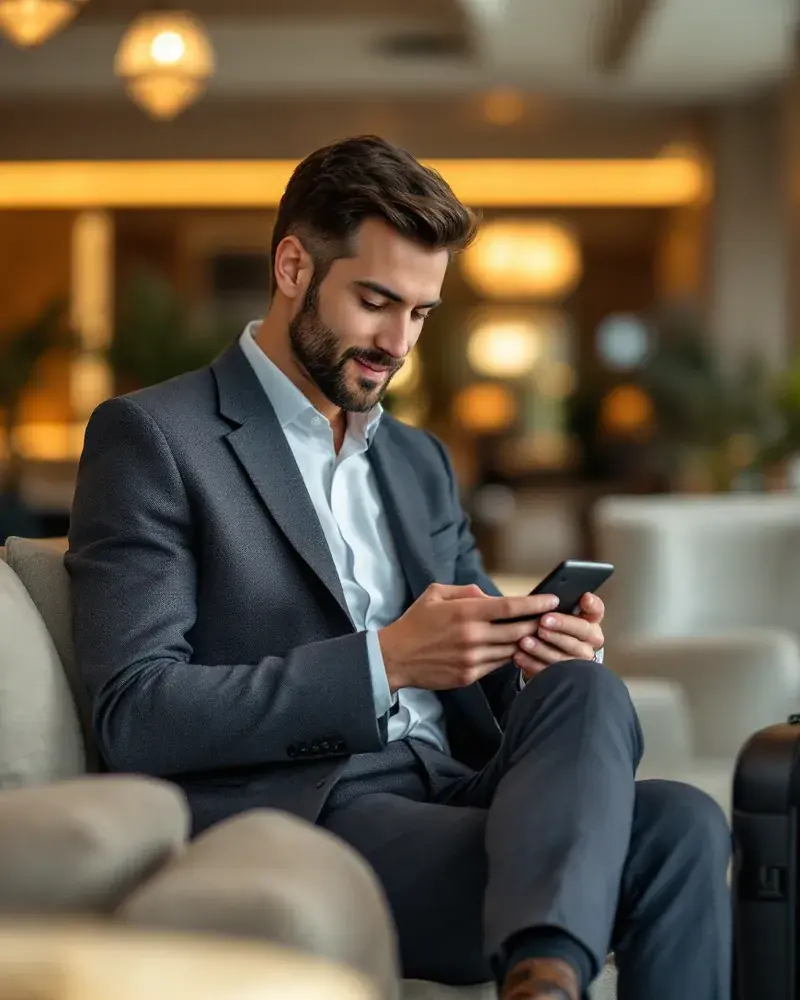 A business traveler works on a phone in a bright upscale airport lounge
