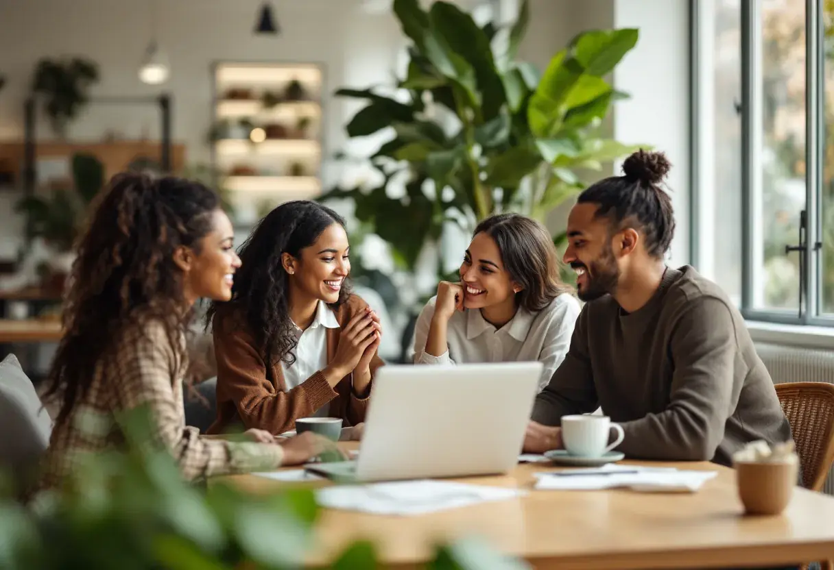 A warm, diverse team at ease together in a bright, plant-filled modern office