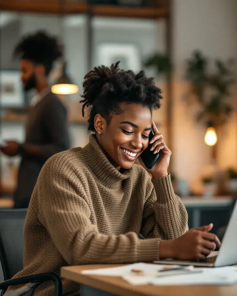 A content employee glances at a phone at a warm modern office desk