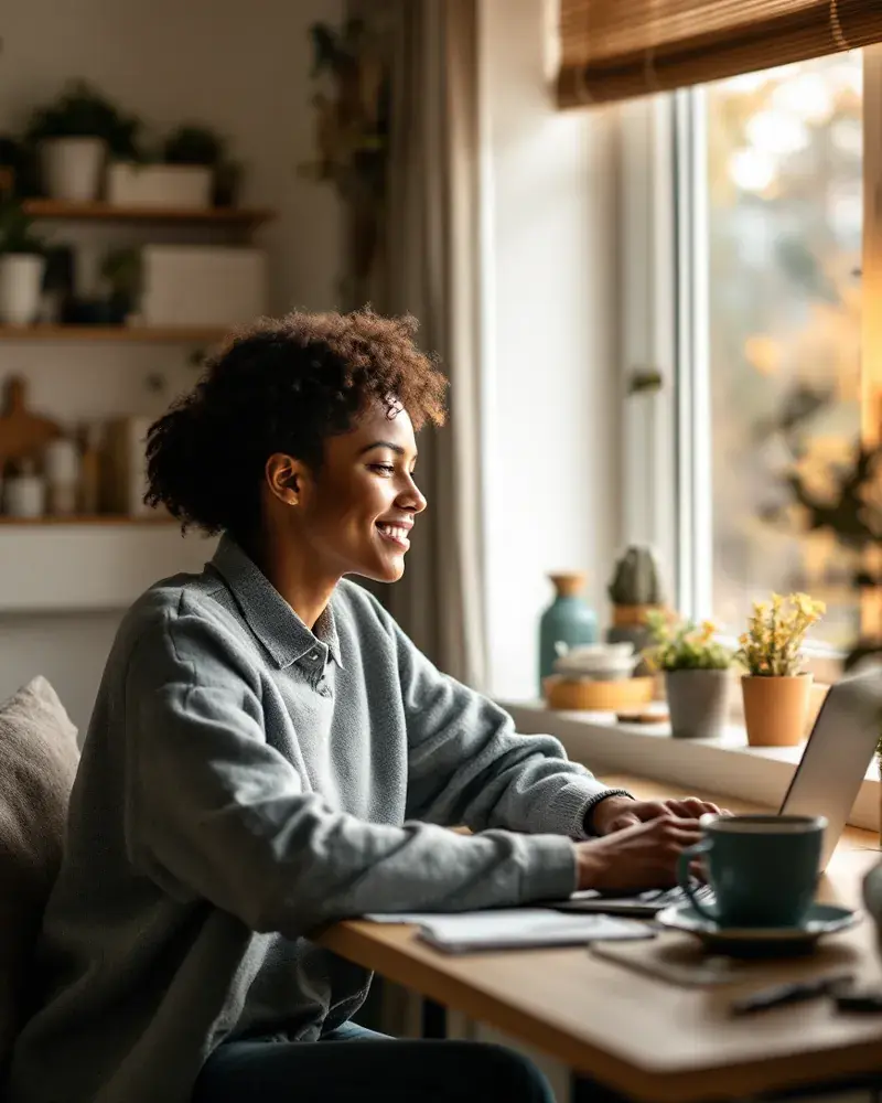 A remote worker at a tidy home desk near a sunny window