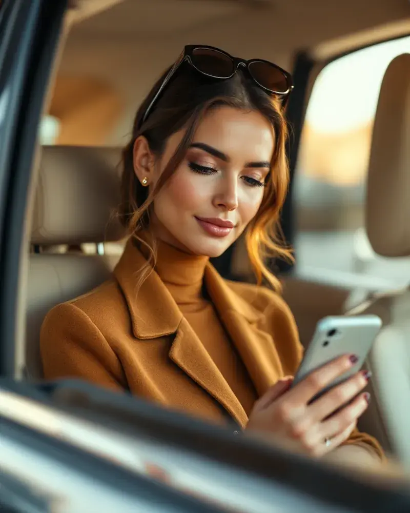 A poised woman reviews her phone in the back of a chauffeured car