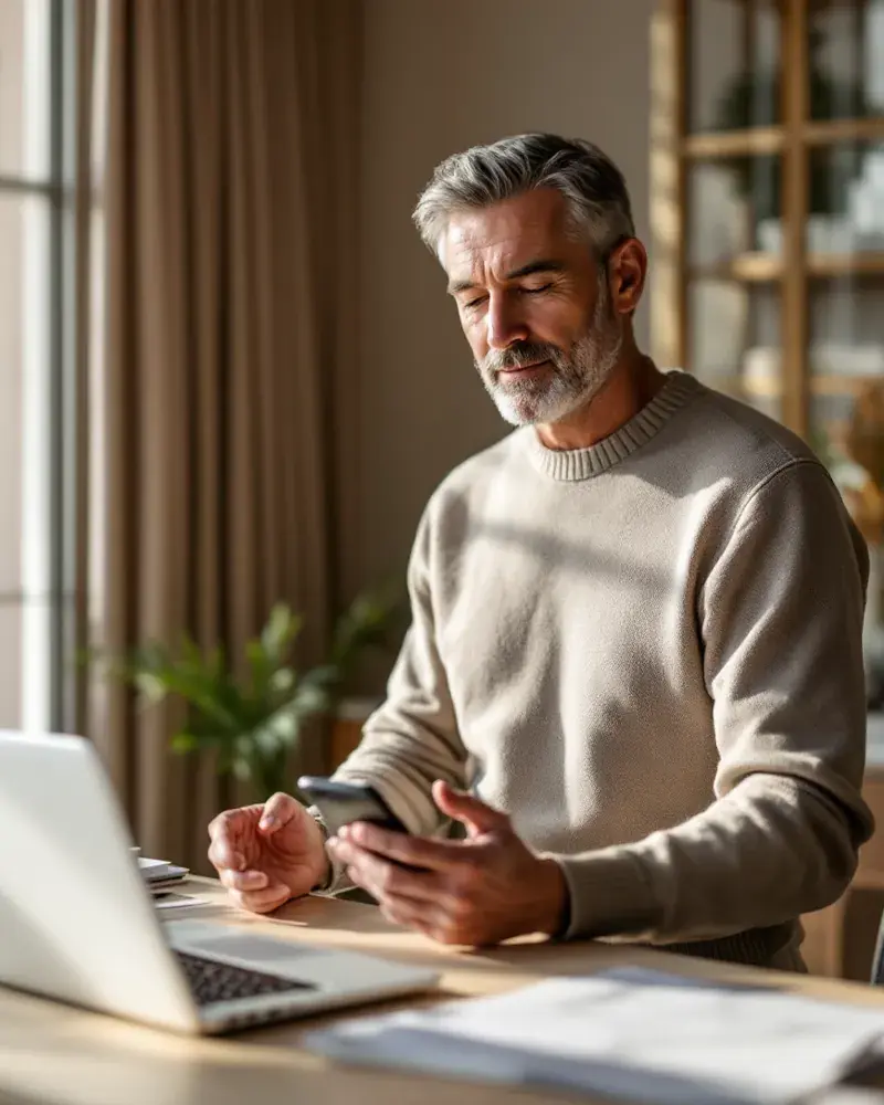 An executive stands at a home-office desk checking his phone beside an open laptop