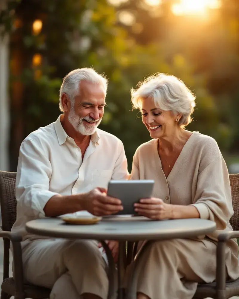 A silver-haired couple look at a tablet together on a sunlit garden terrace