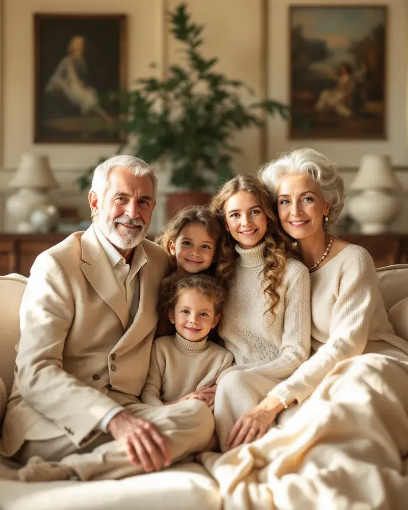 A refined multi-generational family together in the sitting room of a grand estate home