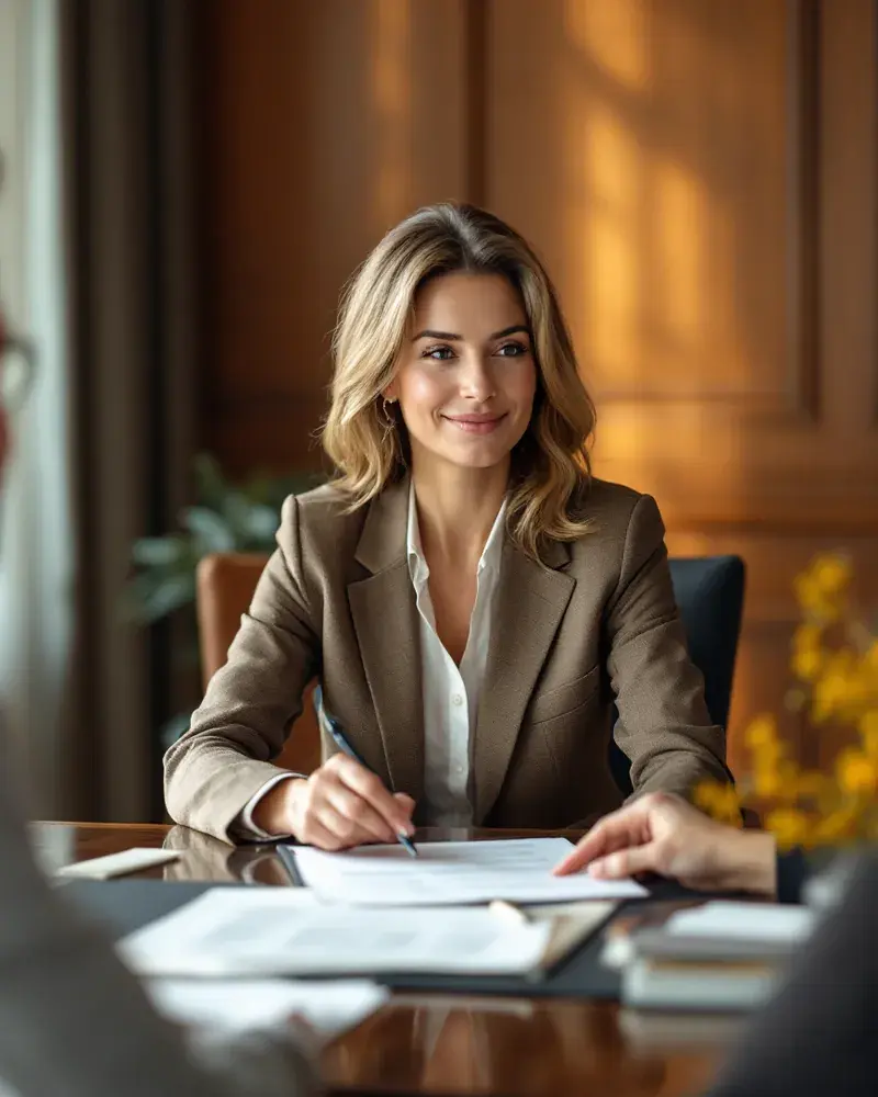 A wealth advisor reviews documents with a client across a polished table in a private office