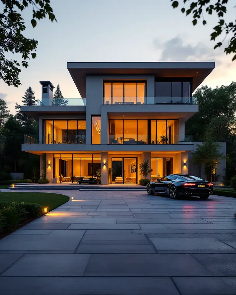 An elegant modern estate at golden hour with warm interior lights and a car in the driveway